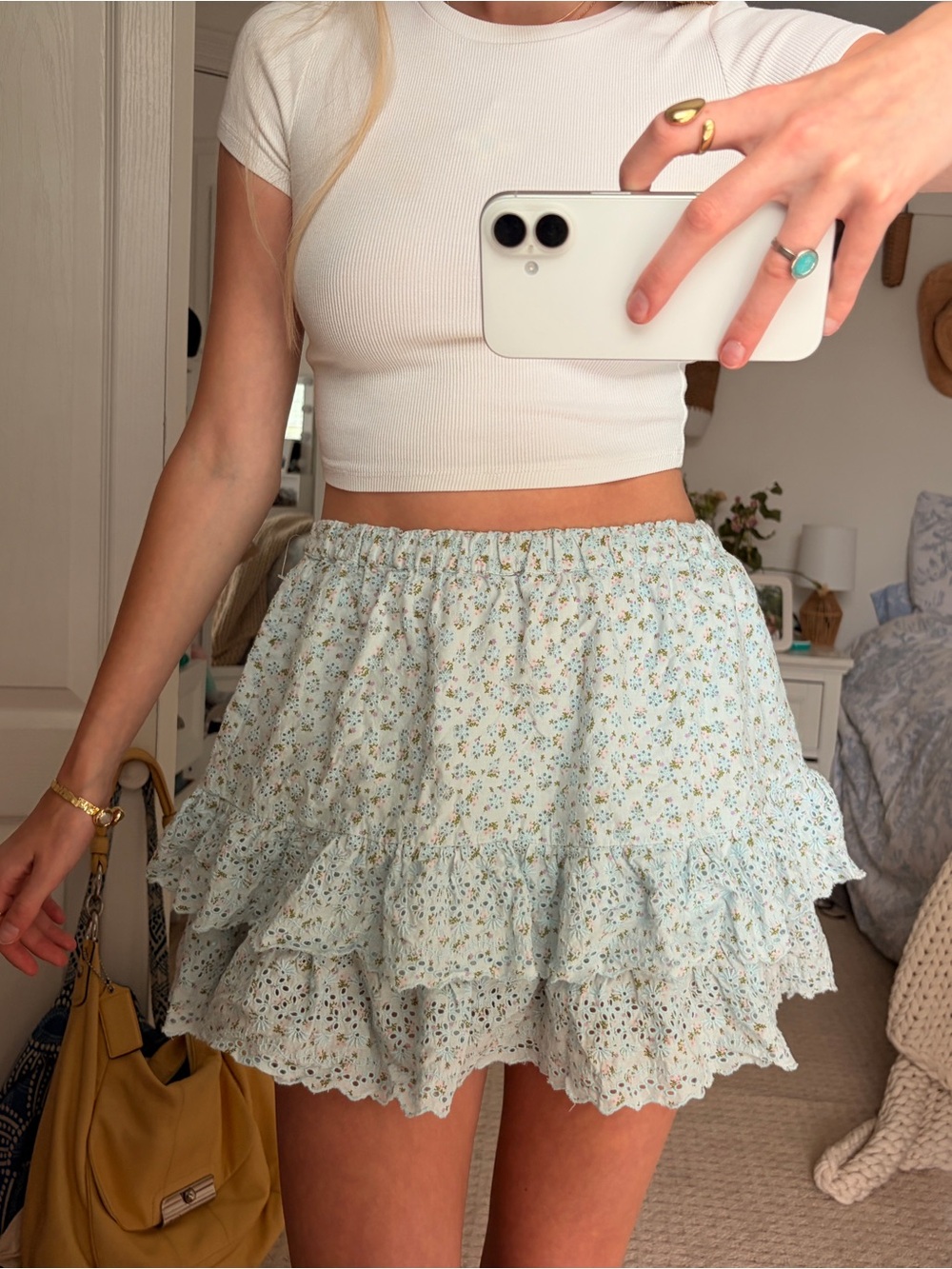 Francesca's Collections Light Blue Floral Ruffle Mini Skirt